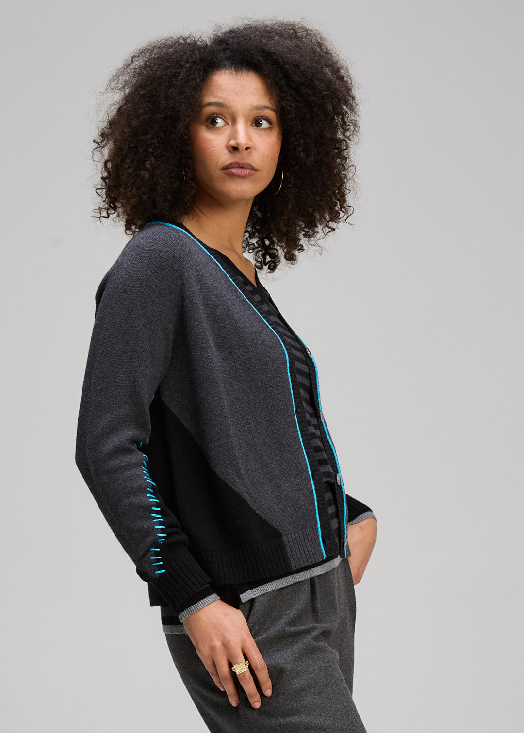 Zaket & Plover Dual Stitch Cardi - Charcoal/Black - Sizes: S M L XL