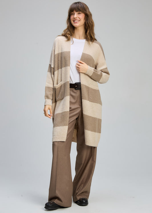 Zaket & Plover "Longline Open Cardi" - Mink/Cream Stripe - Sizes: XS/S  M/L