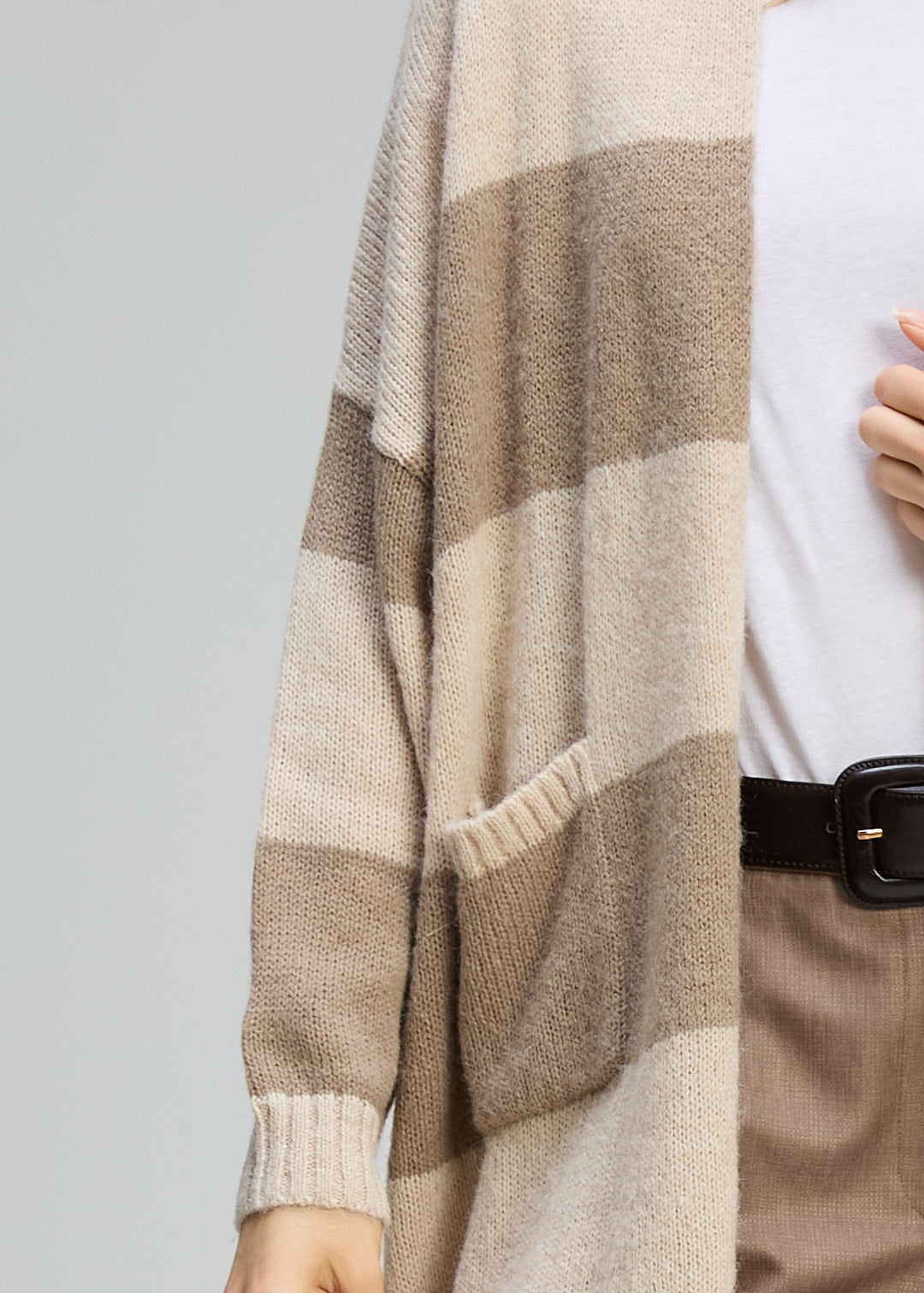 Zaket & Plover "Longline Open Cardi" - Mink/Cream Stripe - Sizes: XS/S  M/L