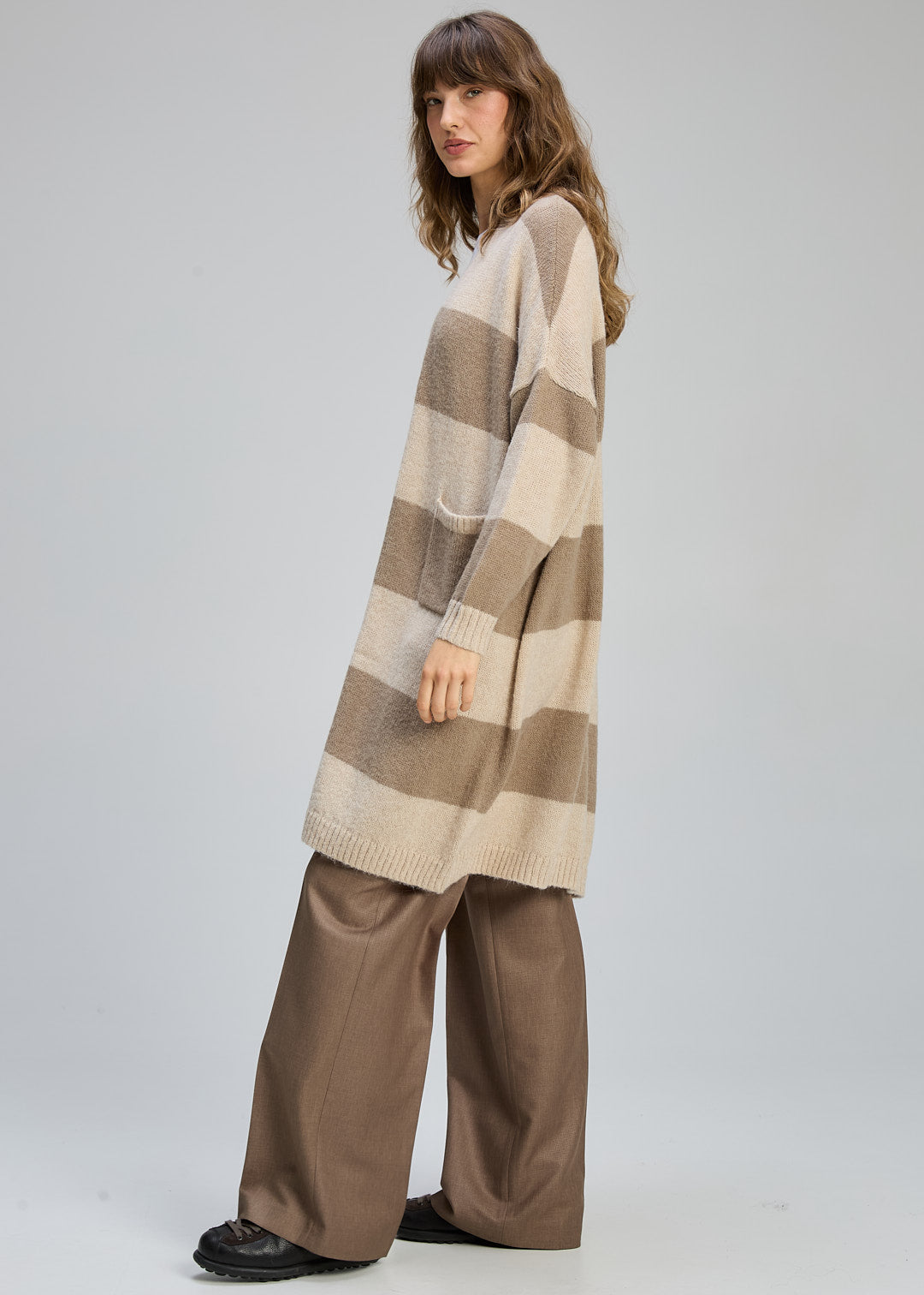 Zaket & Plover "Longline Open Cardi" - Mink/Cream Stripe - Sizes: XS/S  M/L