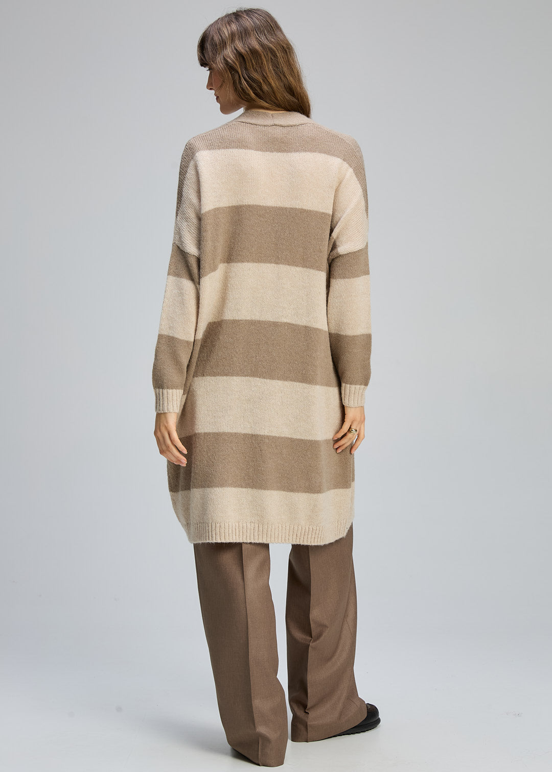Zaket & Plover "Longline Open Cardi" - Mink/Cream Stripe - Sizes: XS/S  M/L