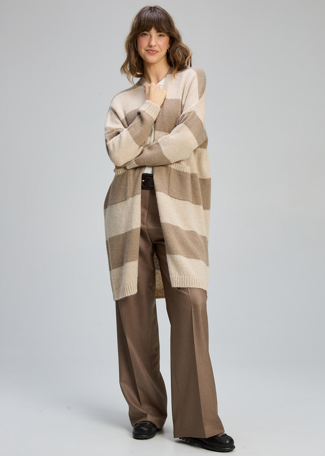 Zaket & Plover "Longline Open Cardi" - Mink/Cream Stripe - Sizes: XS/S  M/L