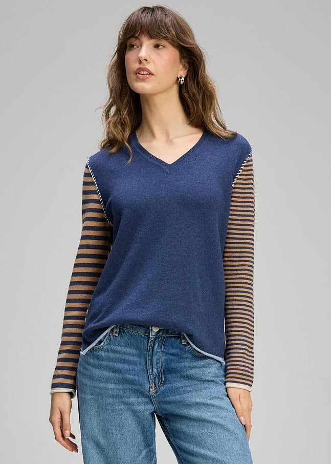 SALE  Zaket & Plover "Varied Stripe V Neck Jumper"  - Denim/Cinnamon - Sizes: XS S