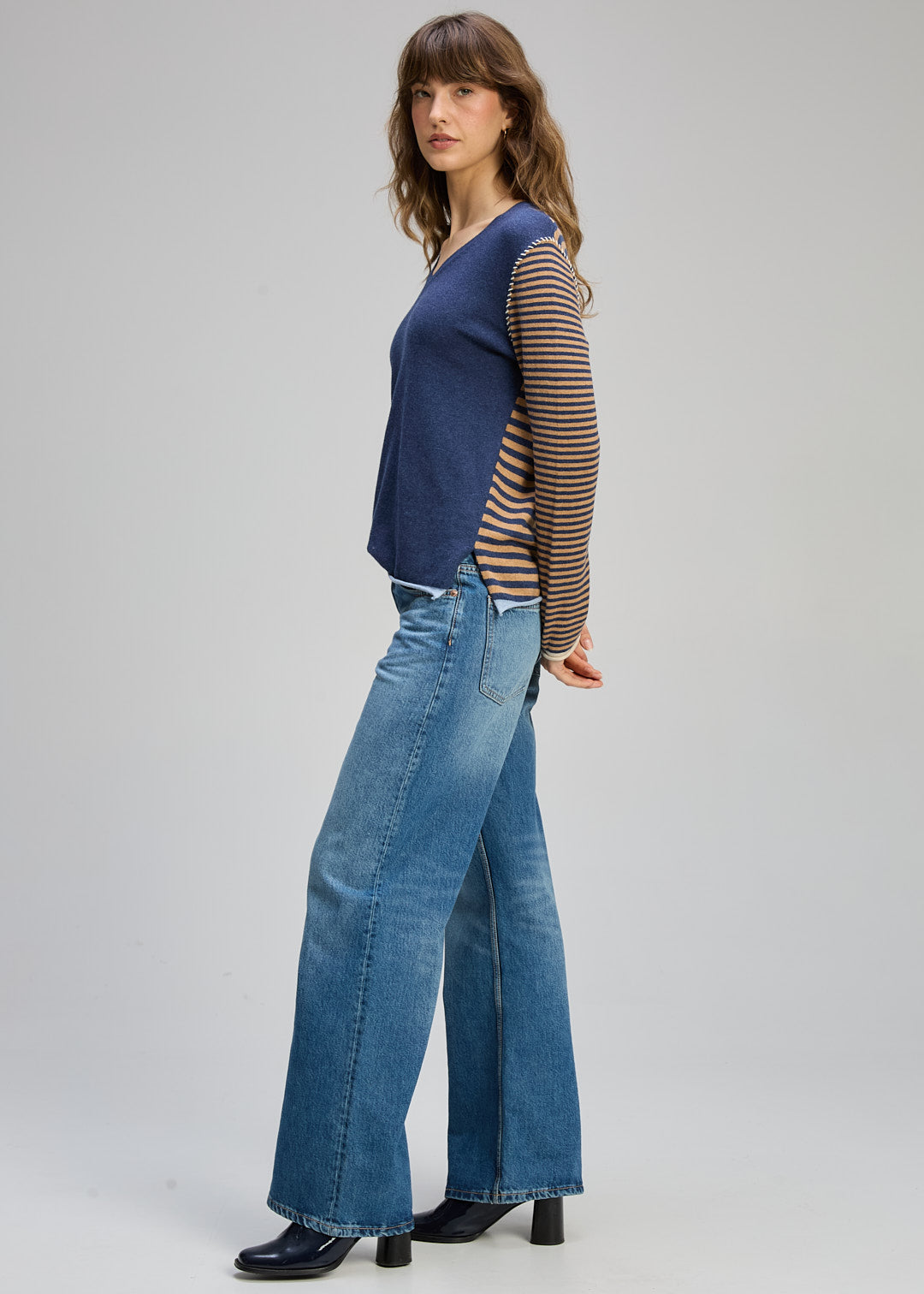 SALE  Zaket & Plover "Varied Stripe V Neck Jumper"  - Denim/Cinnamon - Sizes: XS S