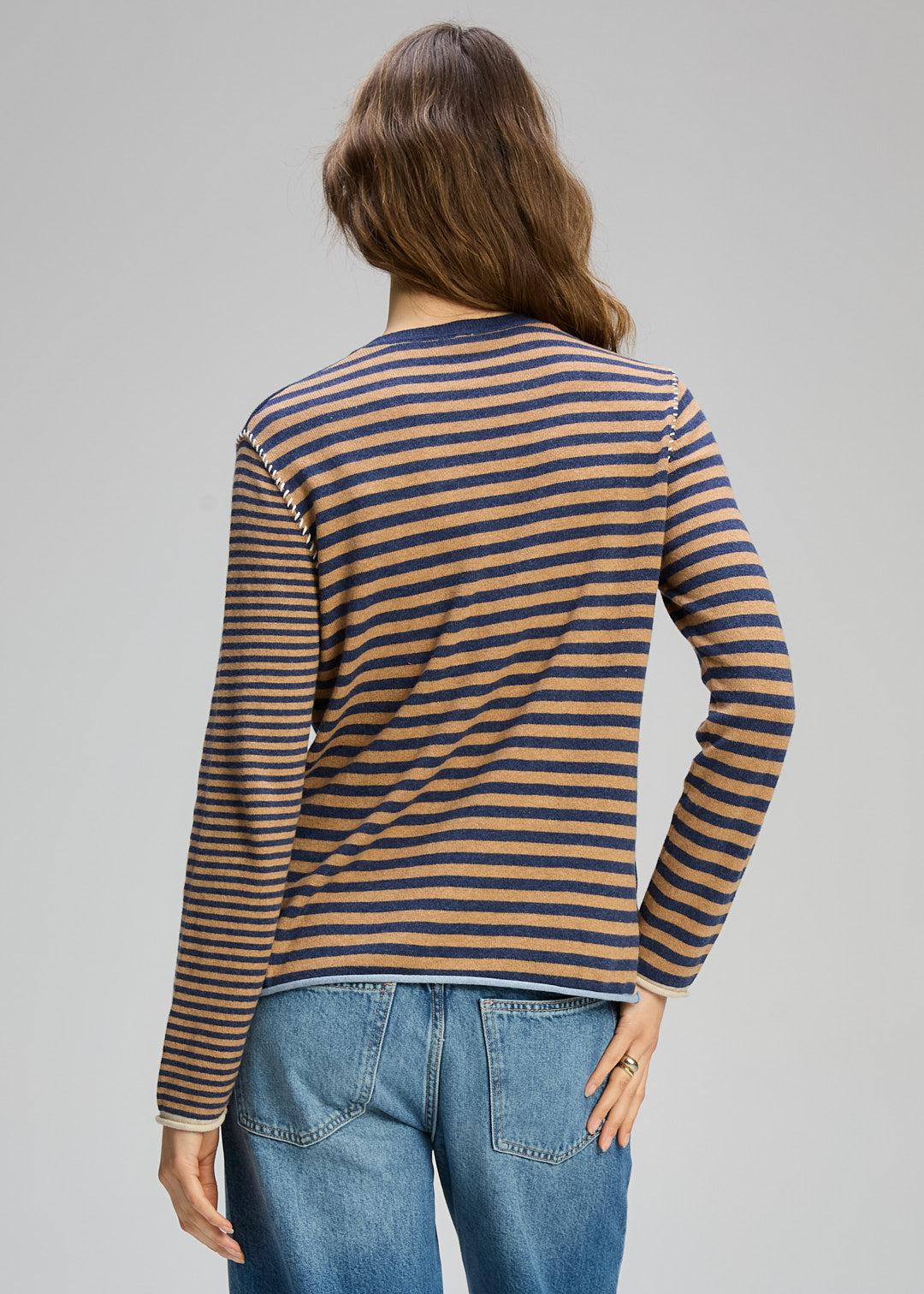 SALE  Zaket & Plover "Varied Stripe V Neck Jumper"  - Denim/Cinnamon - Sizes: XS S