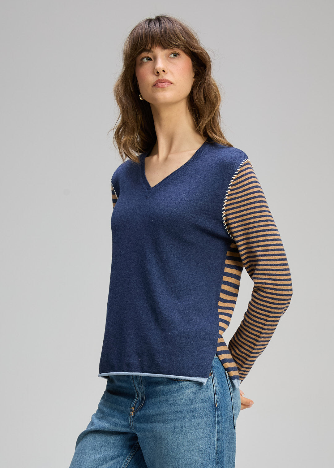 SALE  Zaket & Plover "Varied Stripe V Neck Jumper"  - Denim/Cinnamon - Sizes: XS S