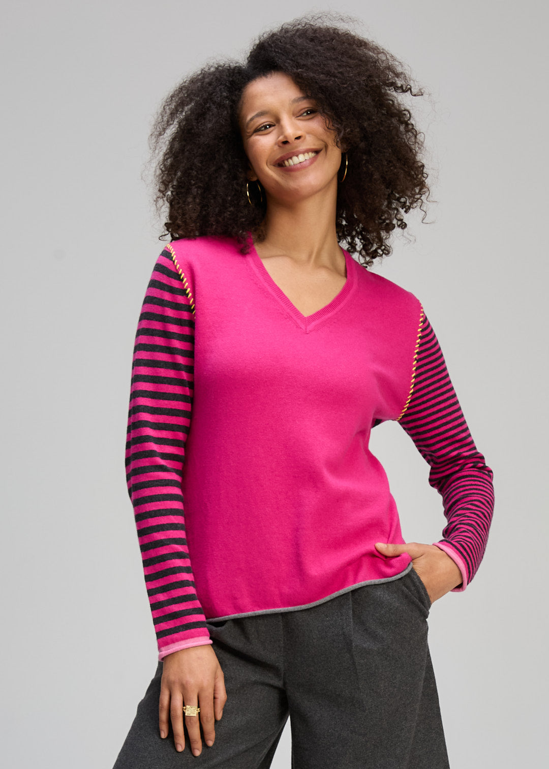 Zaket & Plover V Neck Striped Jumper - Magenta/Charcoal - Sizes: XS S