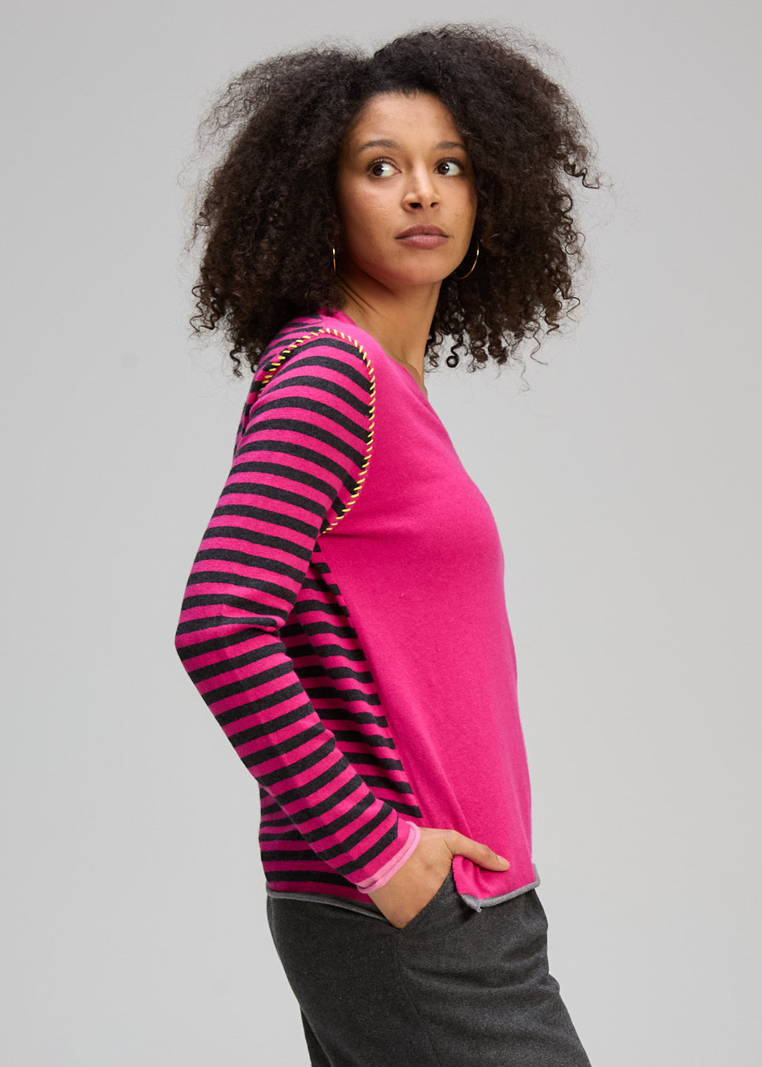 Zaket & Plover V Neck Striped Jumper - Magenta/Charcoal - Sizes: XS S