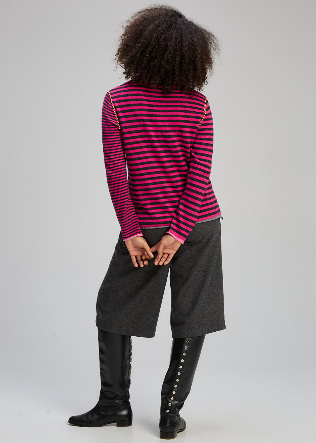 Zaket & Plover V Neck Striped Jumper - Magenta/Charcoal - Sizes: XS S