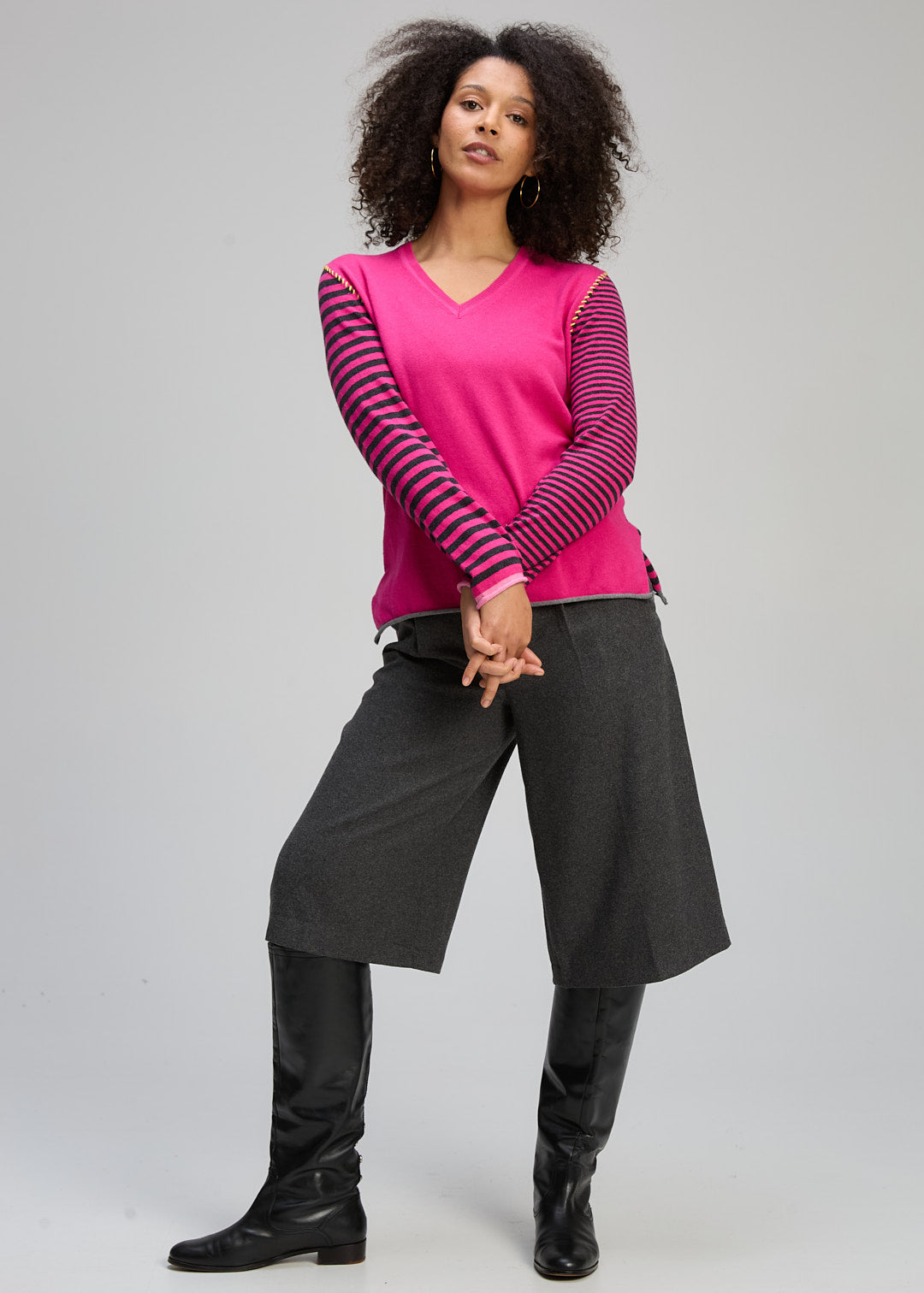 Zaket & Plover V Neck Striped Jumper - Magenta/Charcoal - Sizes: XS S