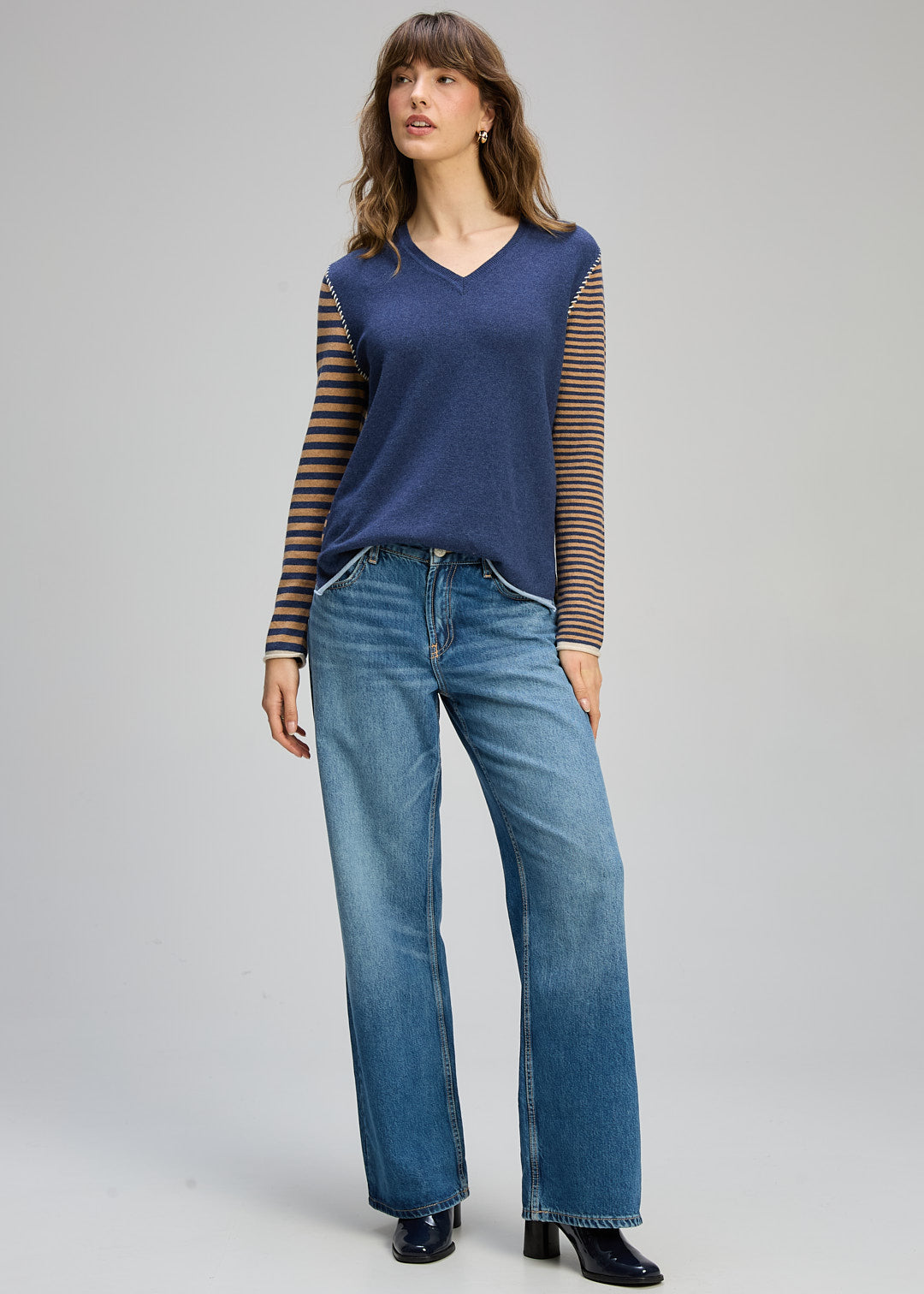 SALE  Zaket & Plover "Varied Stripe V Neck Jumper"  - Denim/Cinnamon - Sizes: XS S