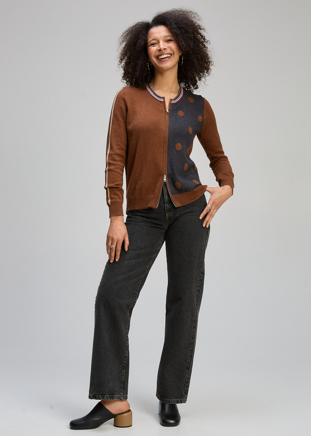 Zaket & Plover "Spot/Stripe Zip Cardi" - Coffee/Charcoal - Sizes: XS S M XL