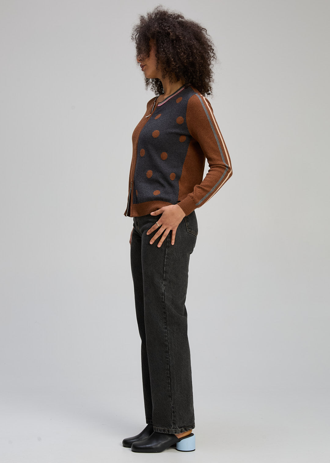 Zaket & Plover "Spot/Stripe Zip Cardi" - Coffee/Charcoal - Sizes: XS S M XL