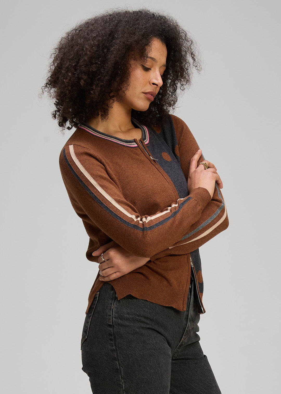 Zaket & Plover "Spot/Stripe Zip Cardi" - Coffee/Charcoal - Sizes: XS S M XL