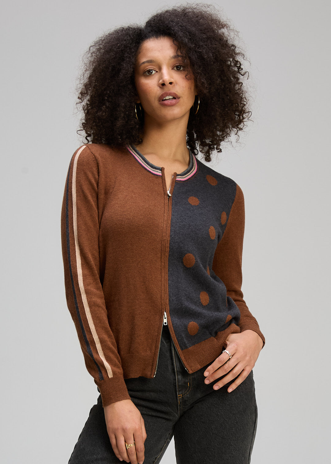 Zaket & Plover "Spot/Stripe Zip Cardi" - Coffee/Charcoal - Sizes: XS S M XL