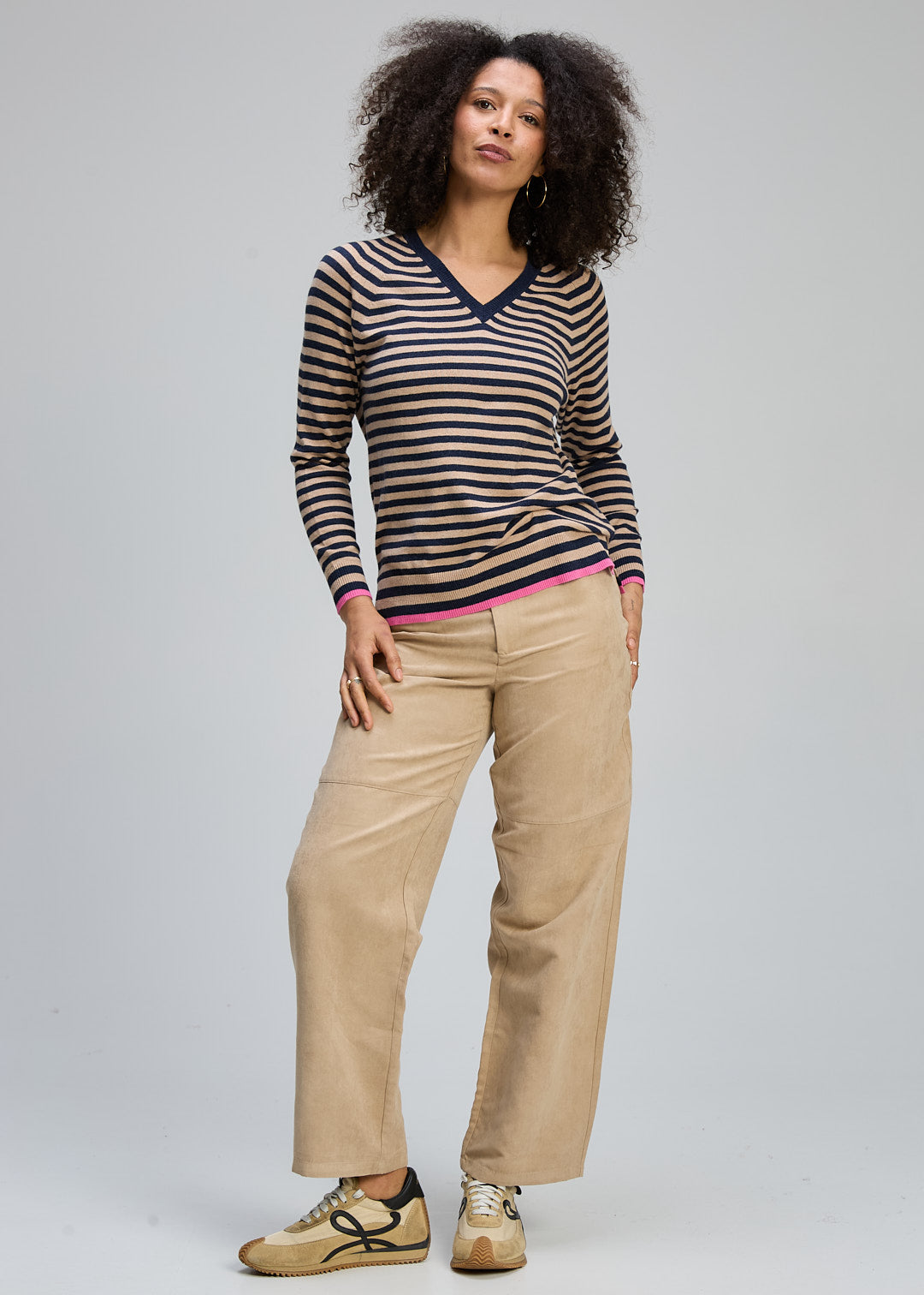 Zaket & Plover Striped V Neck Jumper - Dark Denim/Latte - Sizes: S M L