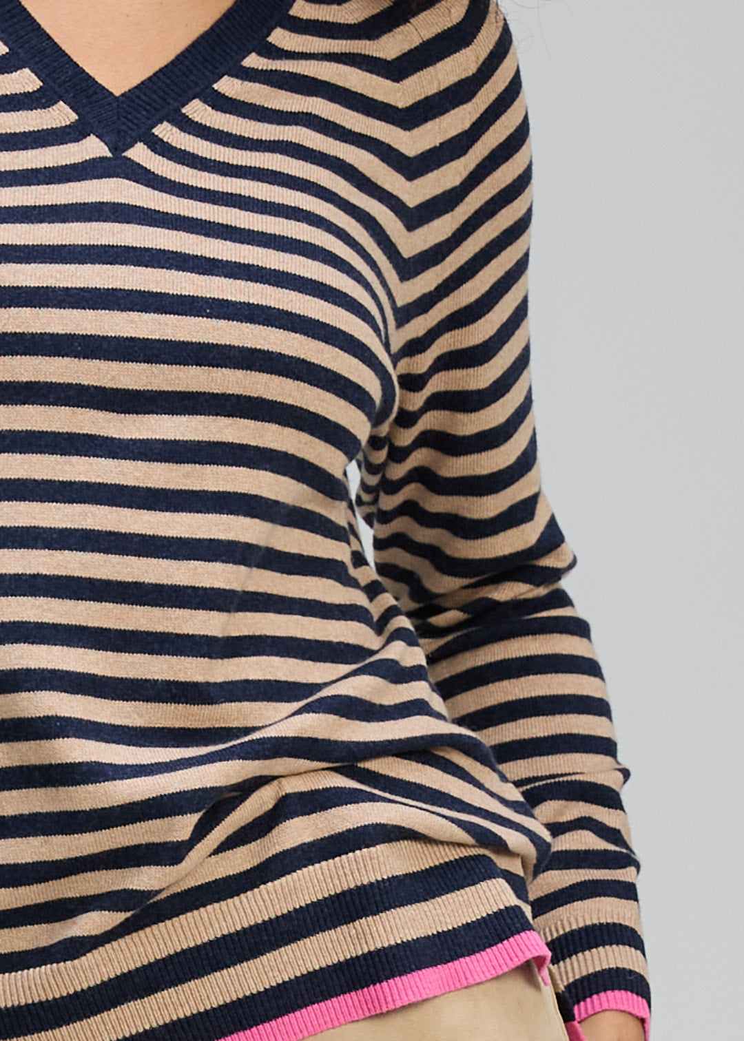 Zaket & Plover Striped V Neck Jumper - Dark Denim/Latte - Sizes: S M L