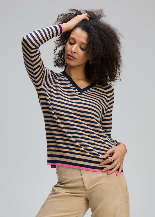 Zaket & Plover Striped V Neck Jumper - Dark Denim/Latte - Sizes: S M L