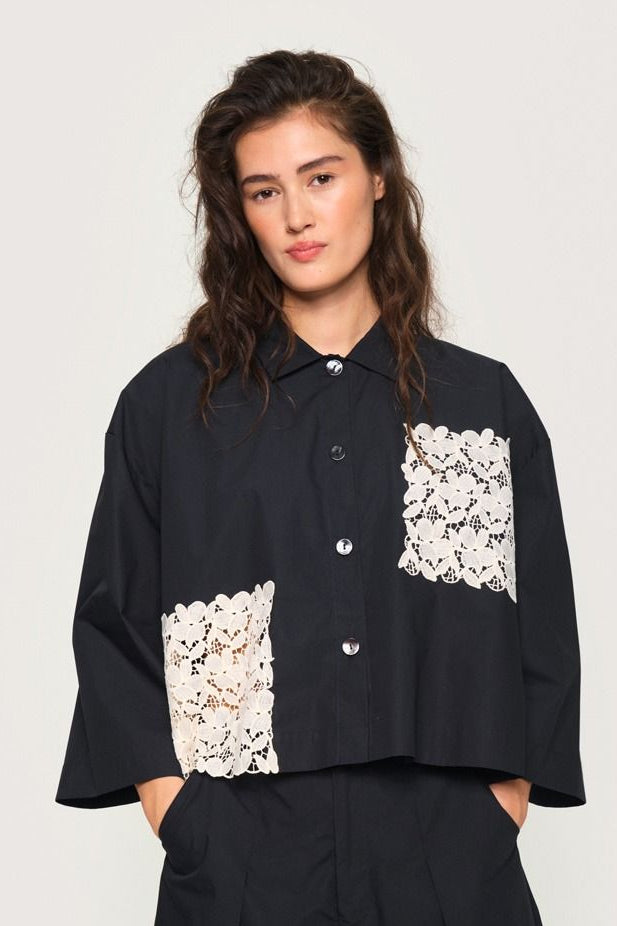 SALE Bitte Kai Rand Paper Poplin Shirt Jacket - Black/Cream Trim - Sizes:  M L