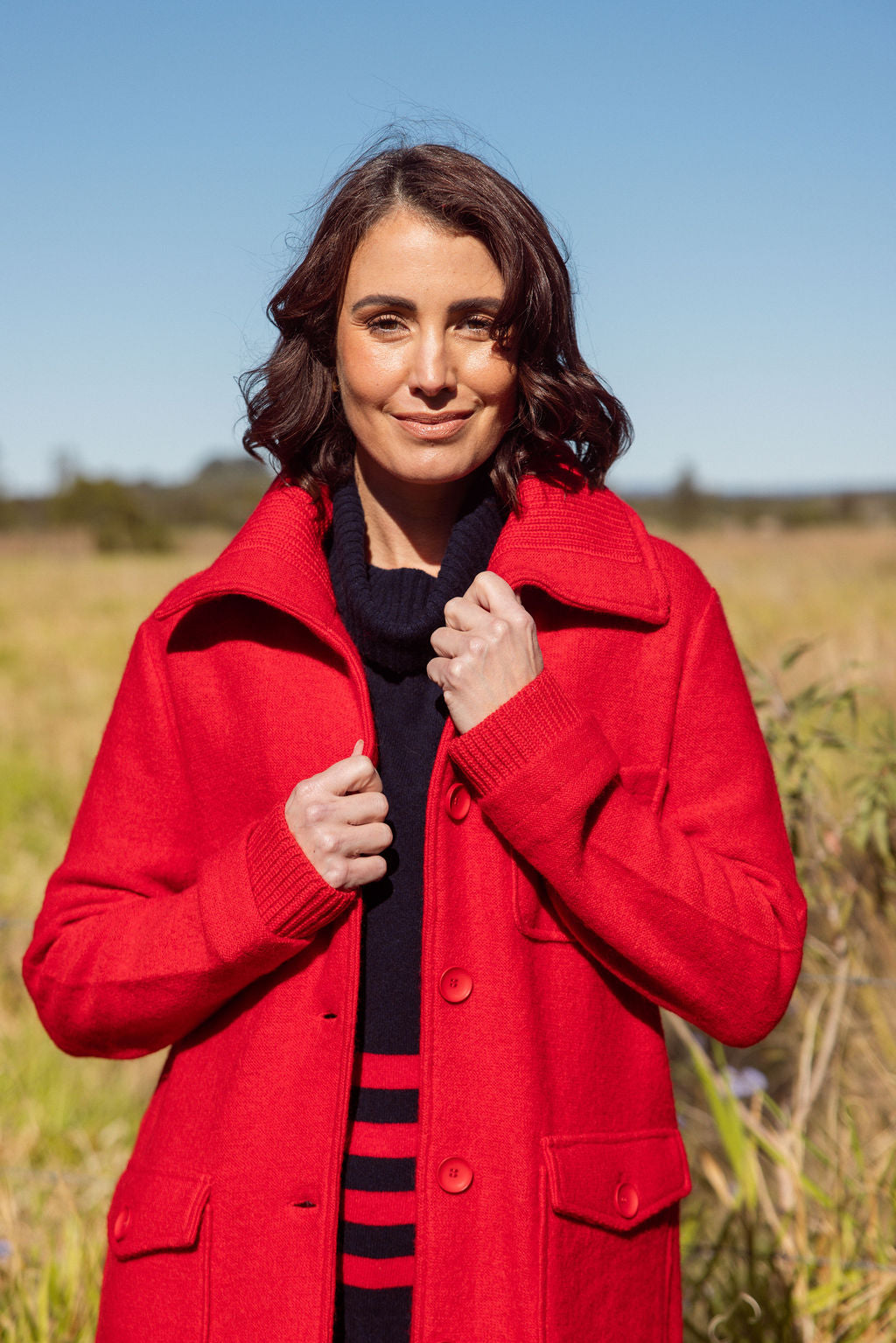 See Saw Boiled Wool Rib Collared Coat - Red - Sizes: S M L XL