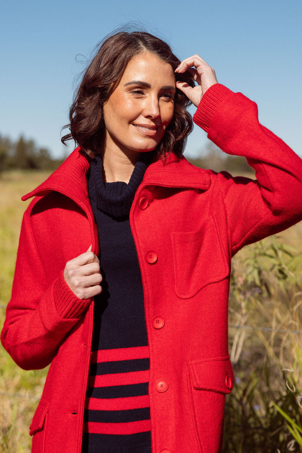 See Saw Boiled Wool Rib Collared Coat - Red - Sizes: S M L XL