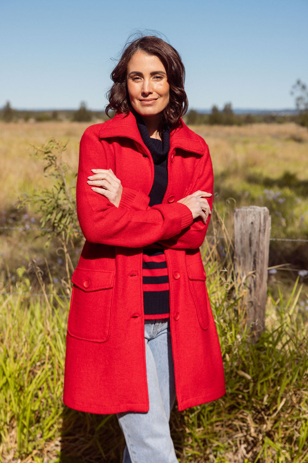 See Saw Boiled Wool Rib Collared Coat - Red - Sizes: S M L XL