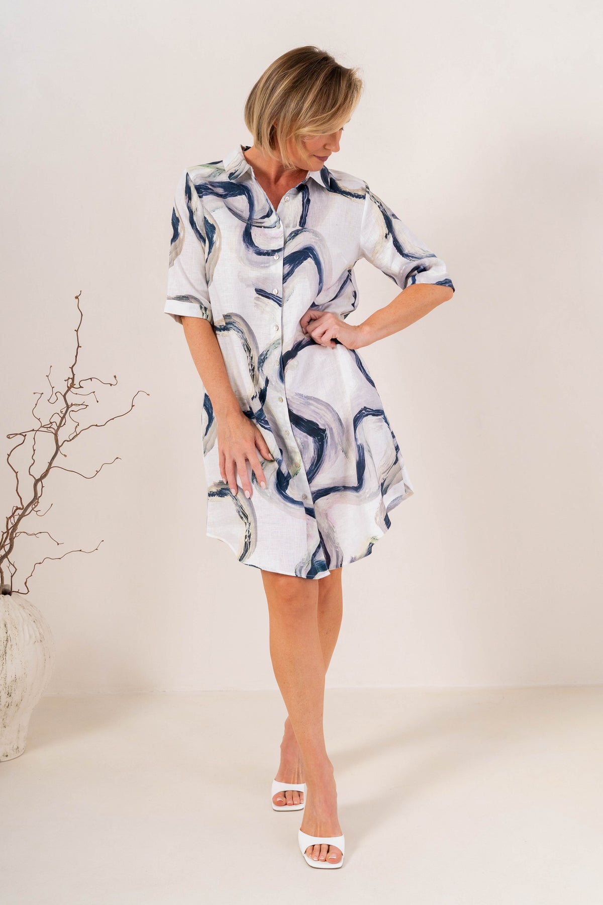 See Saw Linen Shirtmaker Dress -Riverstone Print - Sizes: 10 16 18