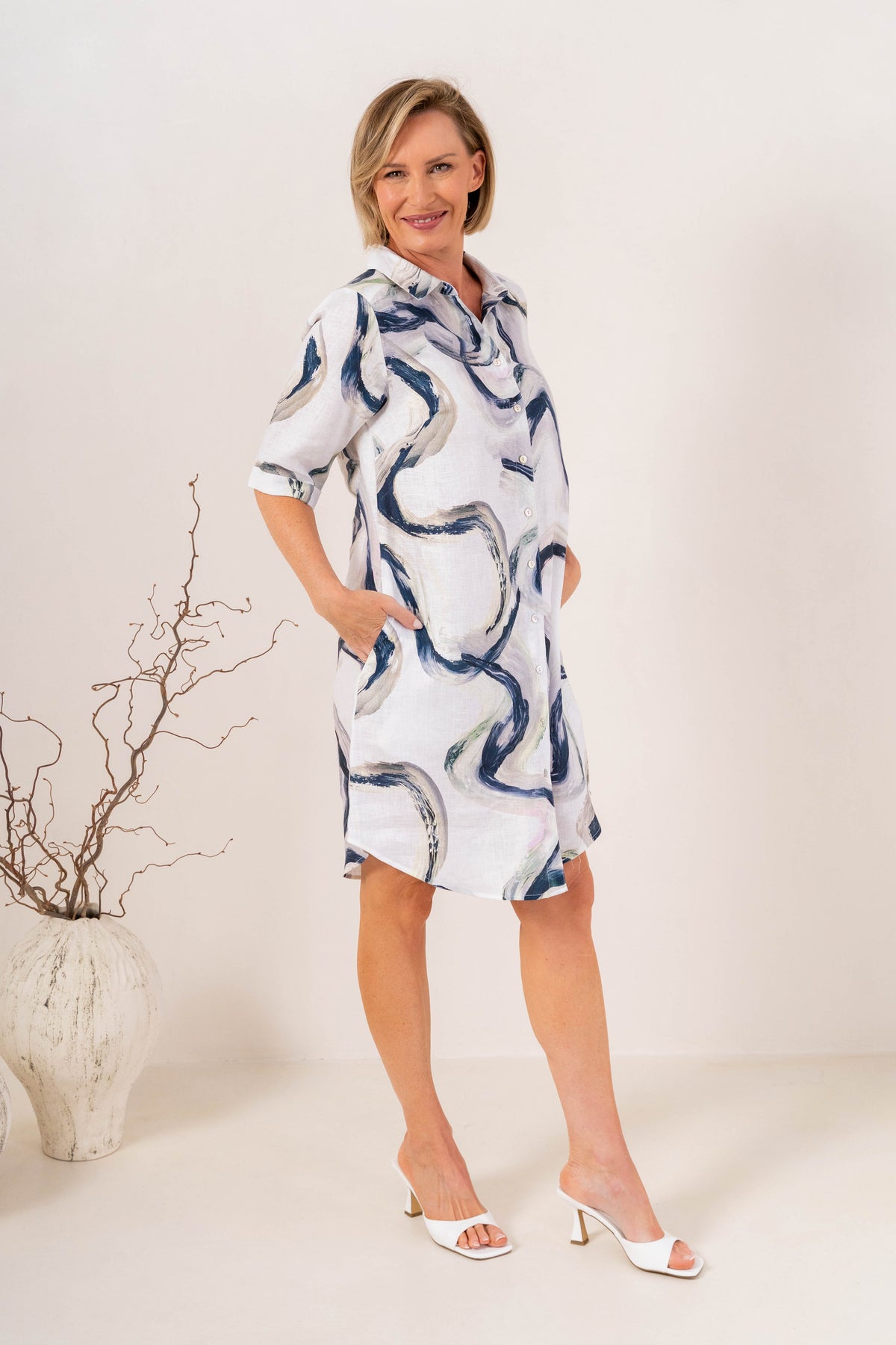 See Saw Linen Shirtmaker Dress -Riverstone Print - Sizes: 10 16 18