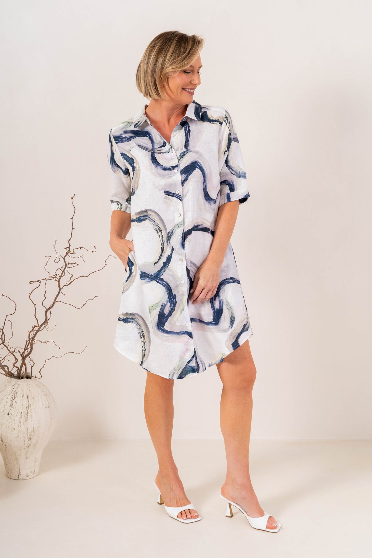 See Saw Linen Shirtmaker Dress -Riverstone Print - Sizes: 10 16 18