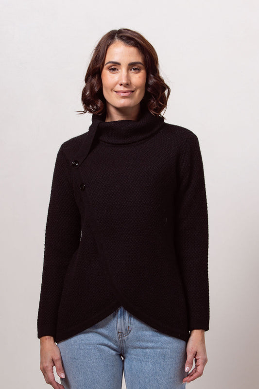 See Saw Moss Stitch Cowl Neck Sweater - Black - Sizes: S M L XL