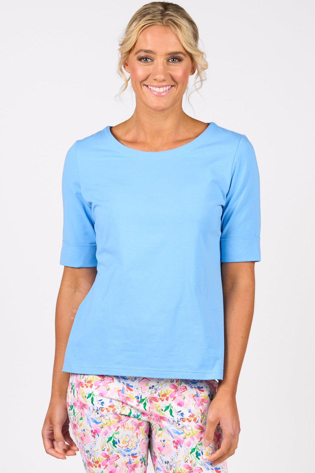 Vassalli Boat Neck Elbow Sleeve Top - Sky - Sizes: 8 10 14 16 18