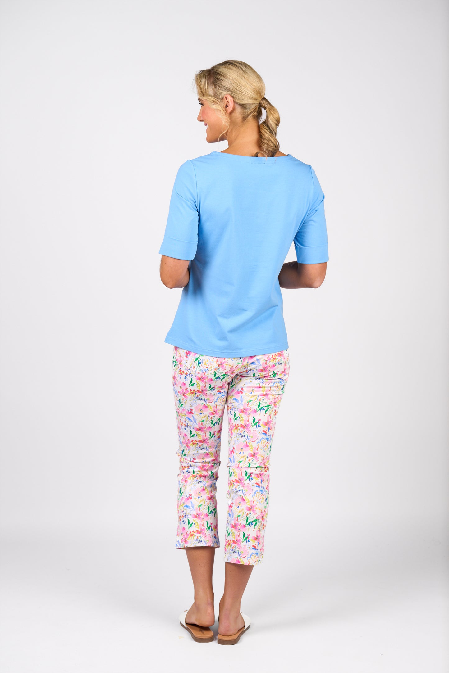 Vassalli Boat Neck Elbow Sleeve Top - Sky - Sizes: 8 10 14 16 18