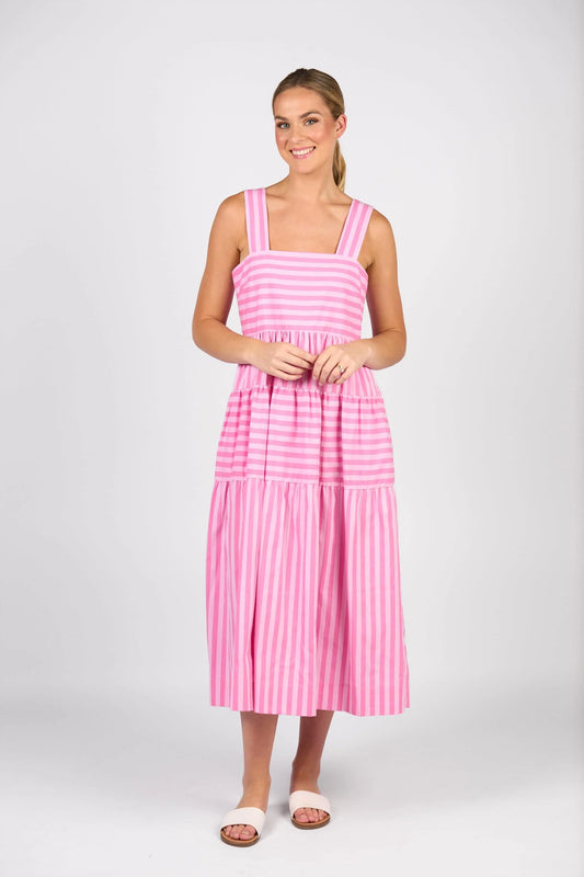 Vassalli Tiered Dress - Pink Stripe - Sizes: 8 10 12