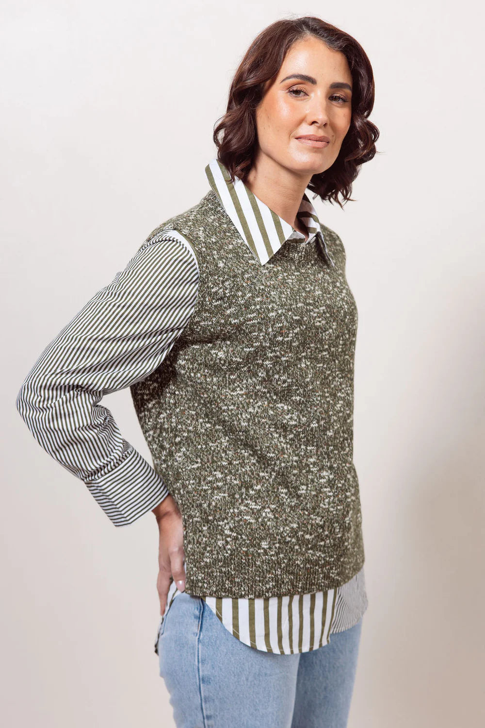 See Saw Round Neck Speckle Vest - Khaki - Sizes: S M L XL