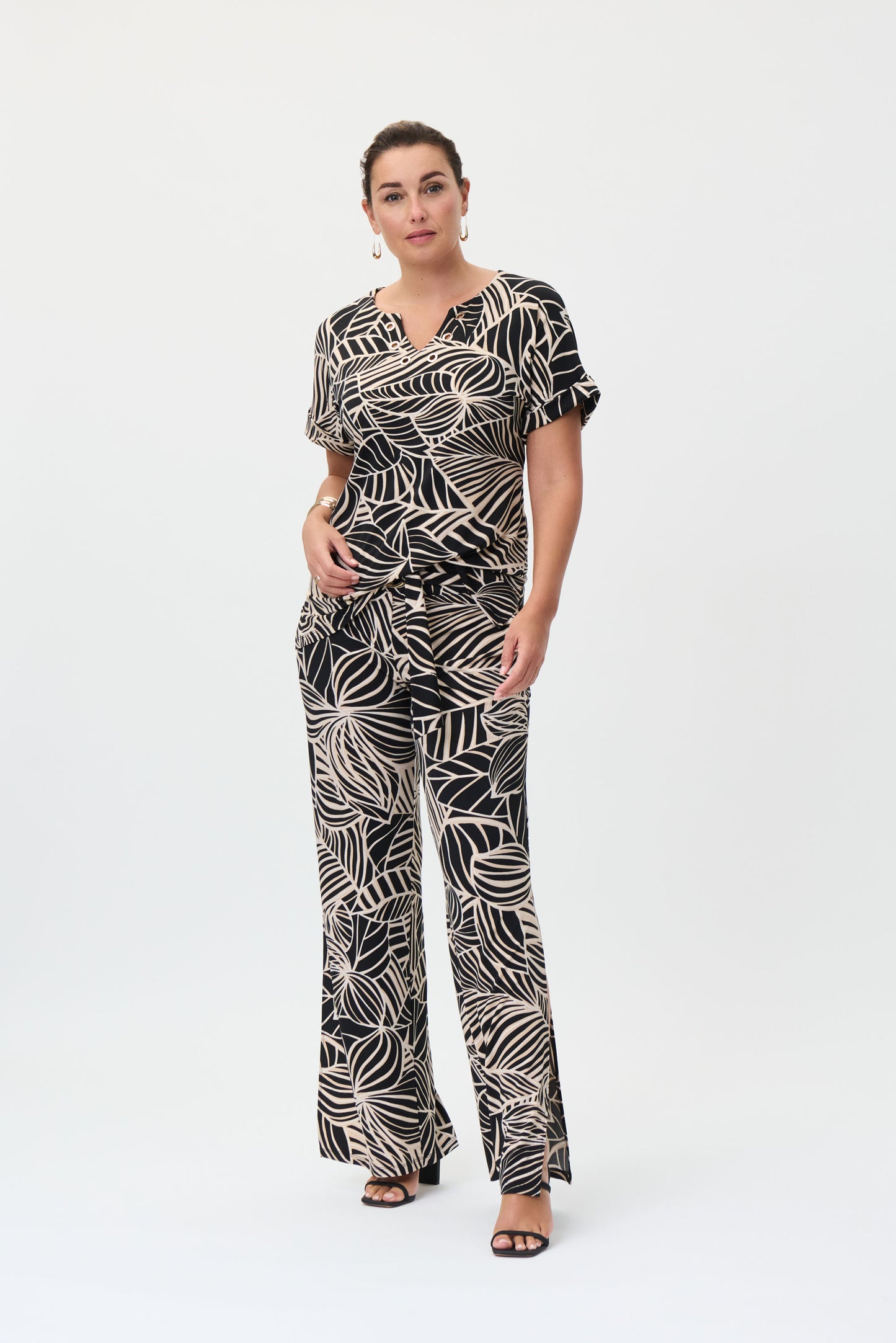 Joseph Ribkoff Black, Beige & Gold Print Wide Leg Pant  - Sizes:  16